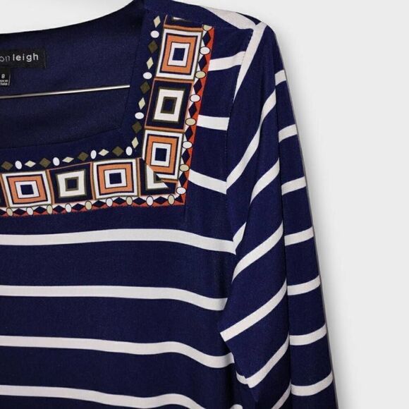 Madison Leigh Womens Dress Sz 8 Long Sleeves Navy Striped Jersey Square Neck - Picture 6 of 11